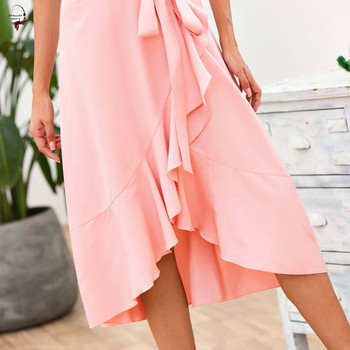 Дамска рокля с тънки презрамки в розов цвят