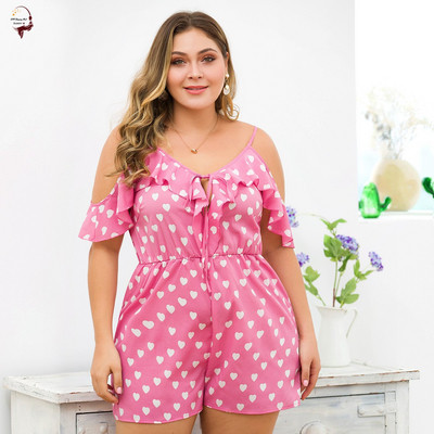 Голям размер дамски гащеризон с тънки презрамки в розов цвят