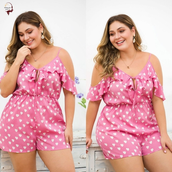 Голям размер дамски гащеризон с тънки презрамки в розов цвят