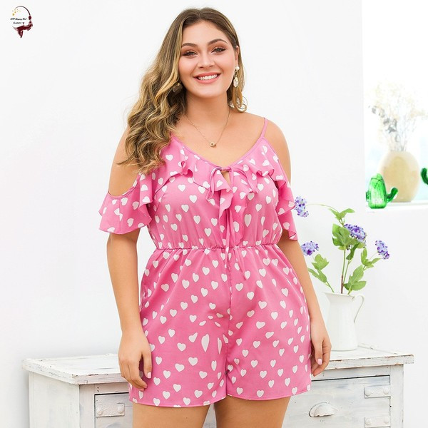 Голям размер дамски гащеризон с тънки презрамки в розов цвят