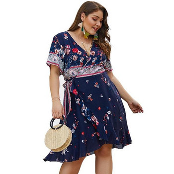 Rochie modernă de damă cu mâneci scurte și decolteu în V în albastru și alb