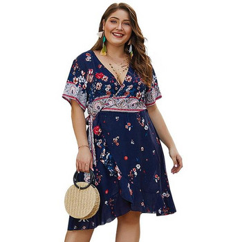 Rochie modernă de damă cu mâneci scurte și decolteu în V în albastru și alb