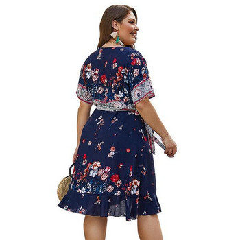 Rochie modernă de damă cu mâneci scurte și decolteu în V în albastru și alb