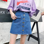 Fusta de dama din denim cu buzunar si nasturi in albastru