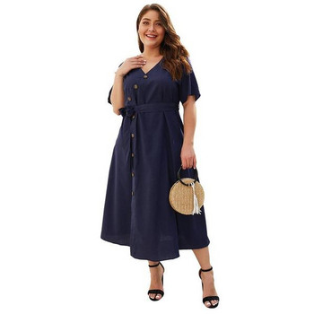 Rochie de dama lunga cu nasturi si curea in albastru