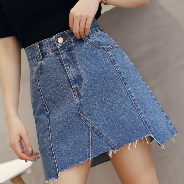 Női farmerszoknya aszimmetrikus modell kék színben