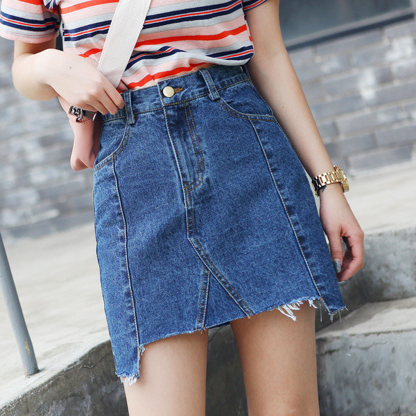 Női farmerszoknya aszimmetrikus modell kék színben