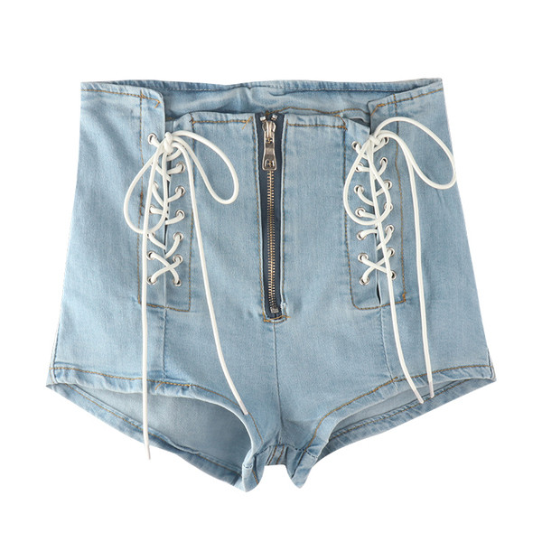 Pantaloni scurți din denim cu fermoar și legături în două culori