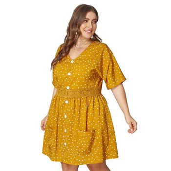 Rochie casual de dama in galben cu nasturi si buzunar