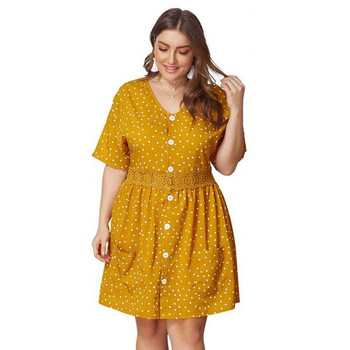 Rochie casual de dama in galben cu nasturi si buzunar