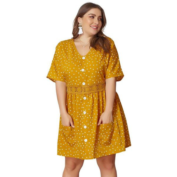 Rochie casual de dama in galben cu nasturi si buzunar