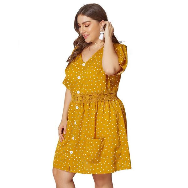 Rochie casual de dama in galben cu nasturi si buzunar