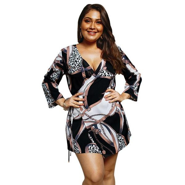 Ежедневна дамска рокля с дълъг ръкав и V-образно деколте