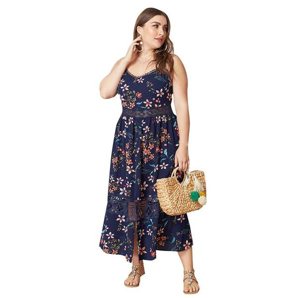 Rochie lunga de dama eleganta cu bretele subtiri si broderie