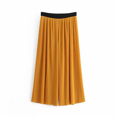 Pantaloni dama plisati cu lungime de 7/8 si talie elastica de culoare galbena