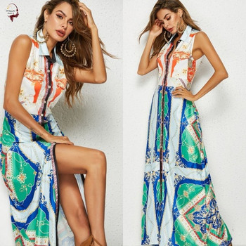 Rochie lunga colorata de dama cu guler si nasturi