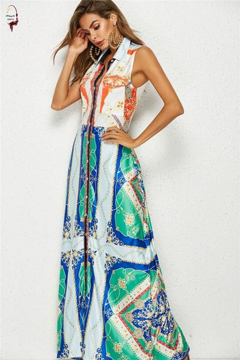 Rochie lunga colorata de dama cu guler si nasturi