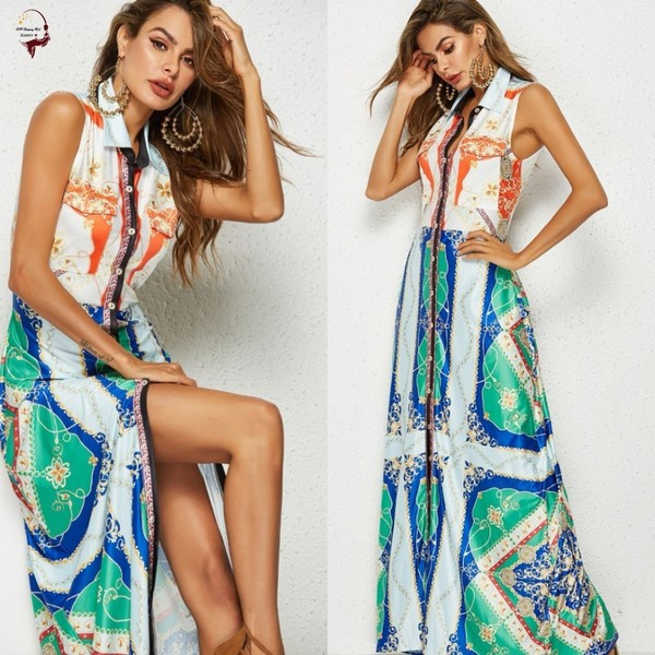 Rochie lunga colorata de dama cu guler si nasturi