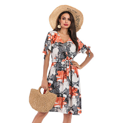 Rochie casual de dama cu decolteu in V si maneci scurte in mai multe culori