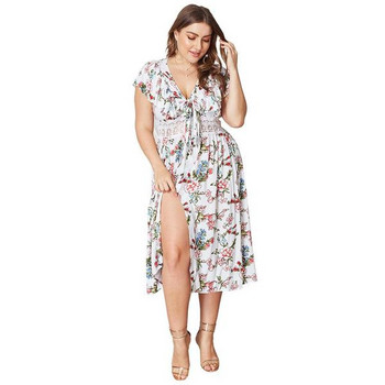 Rochie moderna de dama cu maneci scurte in alb si imprimeu color