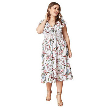 Rochie moderna de dama cu maneci scurte in alb si imprimeu color