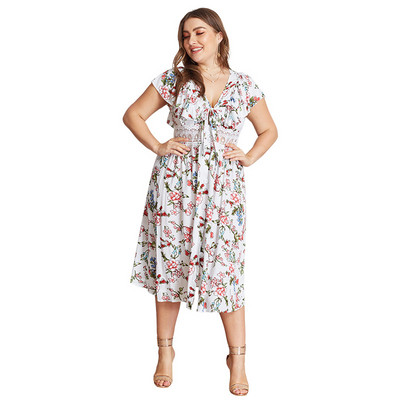 Rochie moderna de dama cu maneci scurte in alb si imprimeu color