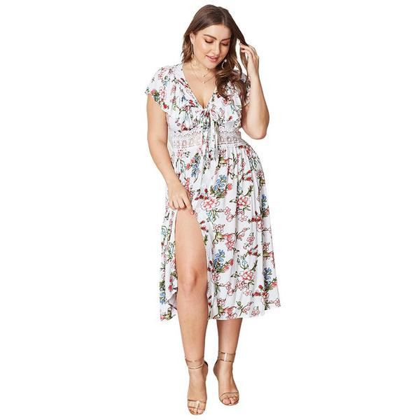 Rochie moderna de dama cu maneci scurte in alb si imprimeu color