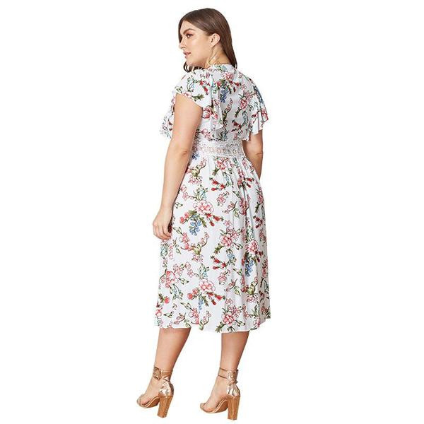 Rochie moderna de dama cu maneci scurte in alb si imprimeu color