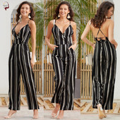 Модерен дамски раиран гащеризон с тънки презрамки