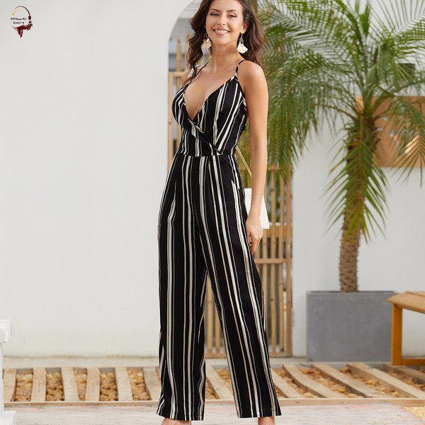 Модерен дамски раиран гащеризон с тънки презрамки