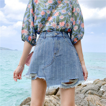 Fusta de dama moderna din denim cu motive rupte si marimi pana la 5XL