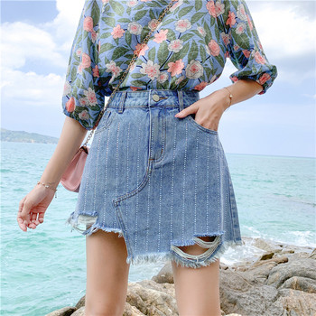 Fusta de dama moderna din denim cu motive rupte si marimi pana la 5XL