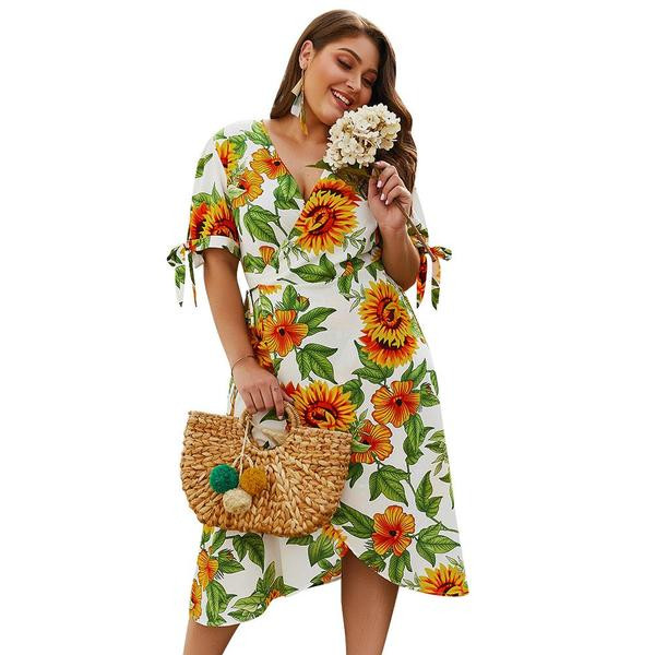 Ежедневна дамска рокля с къс ръкав и връзки в цветен десен 