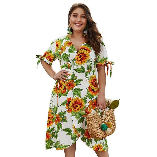 Ежедневна дамска рокля с къс ръкав и връзки в цветен десен 