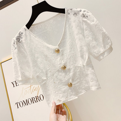 Cămașă de damă cu nasturi în verde și alb