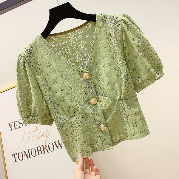 Cămașă de damă cu nasturi în verde și alb