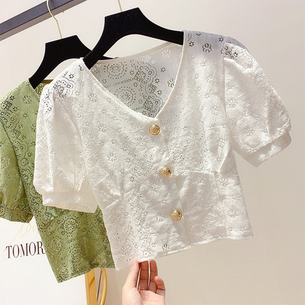 Cămașă de damă cu nasturi în verde și alb