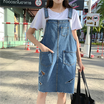 Модерен дамски дънков сукман със скъсани мотиви и размери до 5XL