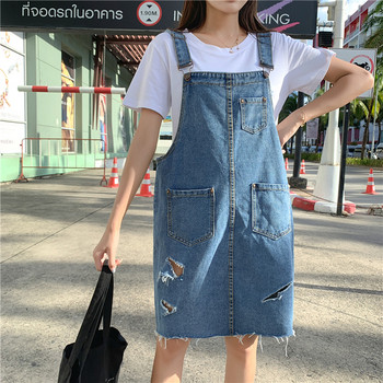 Модерен дамски дънков сукман със скъсани мотиви и размери до 5XL