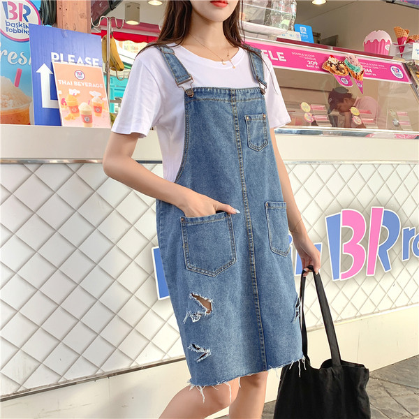 Модерен дамски дънков сукман със скъсани мотиви и размери до 5XL