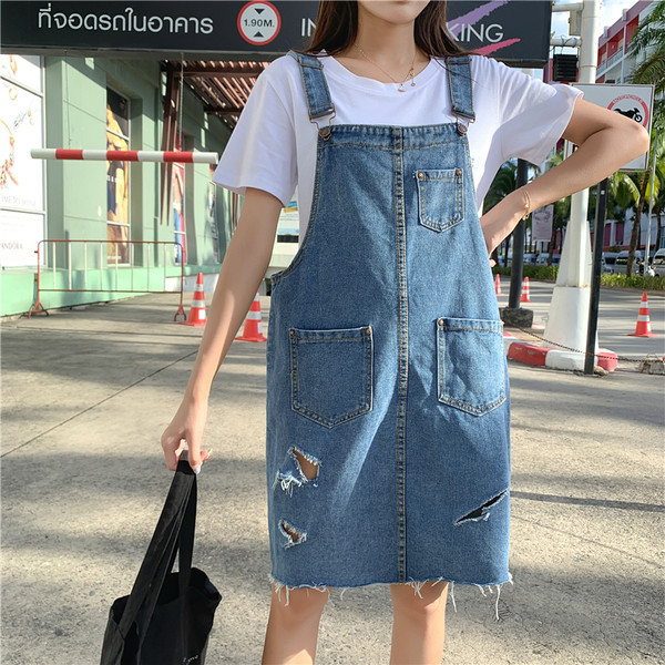 Модерен дамски дънков сукман със скъсани мотиви и размери до 5XL