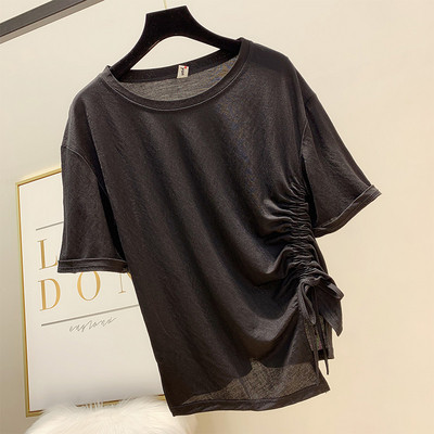 Tricou de damă cu mâneci strălucitoare și decolteu O