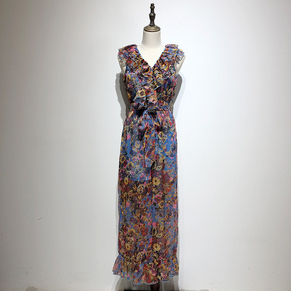 Salopeta de dama lunga din sifon cu model floral