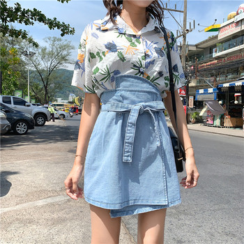 Fusta dama casual din denim cu talie inalta si cravate in mai multe culori