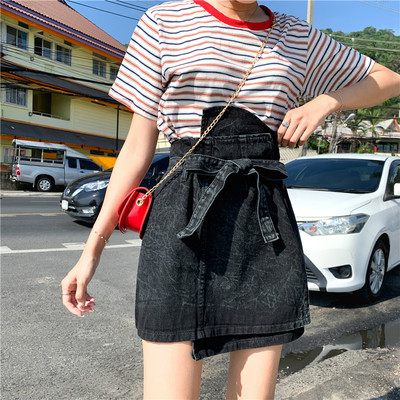 Fusta dama casual din denim cu talie inalta si cravate in mai multe culori