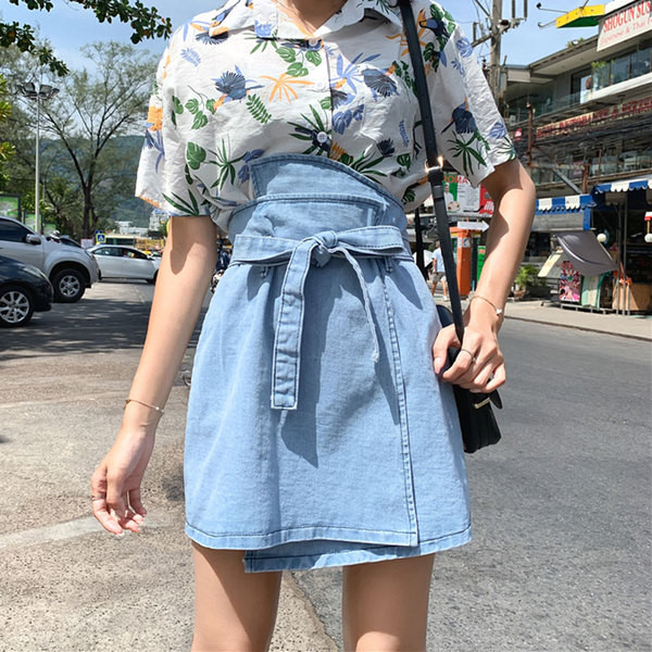 Fusta dama casual din denim cu talie inalta si cravate in mai multe culori