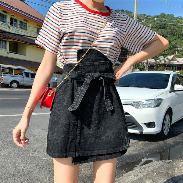 Fusta dama casual din denim cu talie inalta si cravate in mai multe culori