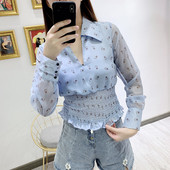 Дамска блуза с V - образно деколте и дълъг ръкав и ластик на талията