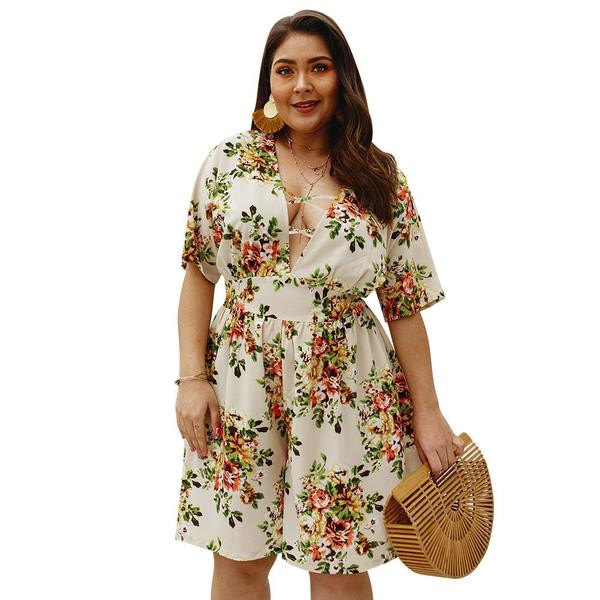 Γυναικεία μπεζ σατέν ολόσωμη φόρμα με κοντό μανίκι