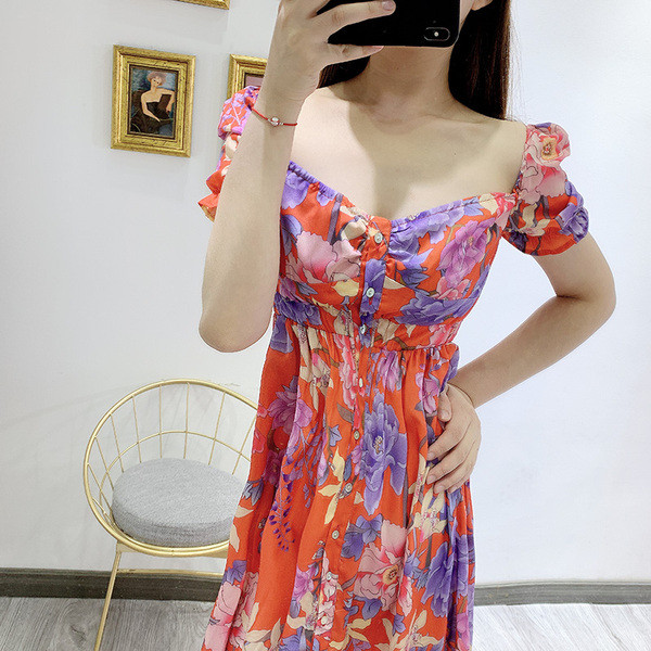 Rochie lunga de dama cu maneci scurte si imprimeu floral